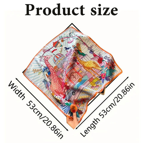 Giraffe Print Silk Scarf 53x53cm Silk Luxury Accessory For Women Hair And Bag Decoration showing product size and colorful design.
