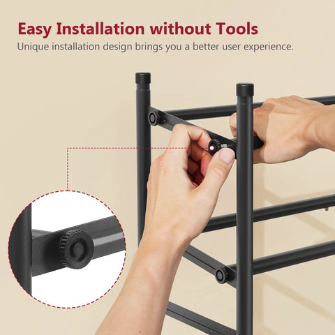 Hands assembling Expandable Three Tier Shoe Rack For Closet And Entryway, Adjustable From 28 To 41 Inches, stackable metal organizer