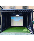 Inflatable Portable Golf Simulator Tent With Curtain For Indoor Practice Swing Projector Not Included Easy Setup Durable PVC Large 4.18 By 3.26 By 3.26 M Outer Size Ideal For Backyard Or Garage Golf Sessions.