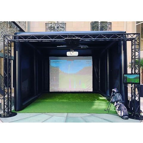 Inflatable Portable Golf Simulator Tent With Curtain For Indoor Practice Swing Projector Not Included Easy Setup Durable PVC Large 4.18 By 3.26 By 3.26 M Outer Size Ideal For Backyard Or Garage Golf Sessions.