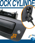 Heavy Duty Locking Tailgate Handle Latch Kit With Trim Bezel And Lock Cylinder showing lock cylinder and key detail.