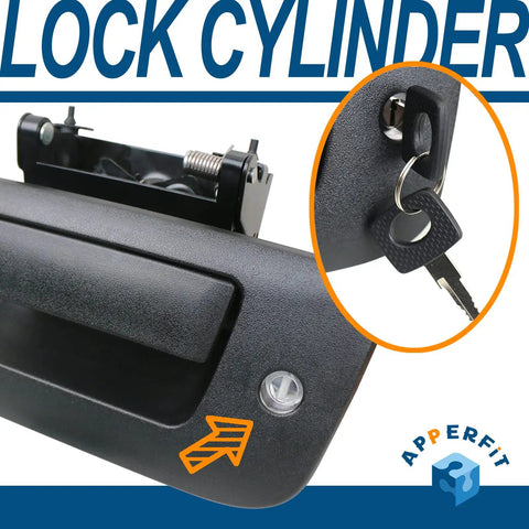 Heavy Duty Locking Tailgate Handle Latch Kit With Trim Bezel And Lock Cylinder showing lock cylinder and key detail.