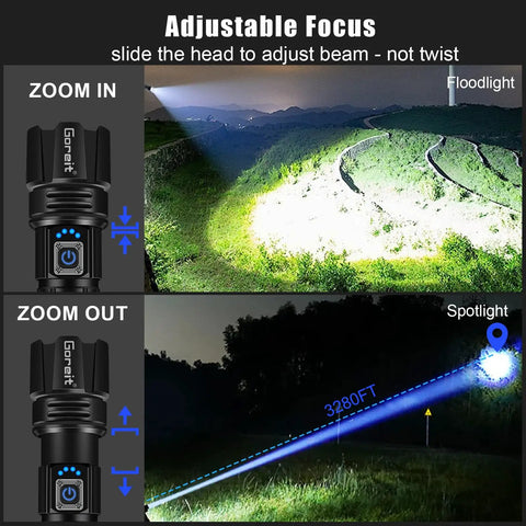 Ultra Bright LED Flashlight With 50,000 Lumens And A 3937 Foot Beam, USB C Rechargeable showing adjustable focus in use.