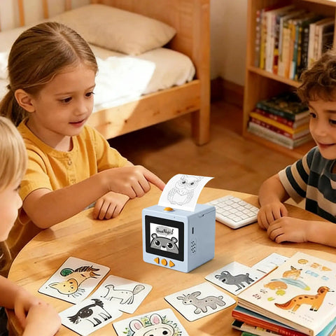 Smart AI Voice Controlled Thermal Sticker Printer With 2.4 Inch HD Display And Portable ABS Construction For Hassle Free Setup in use by kids.