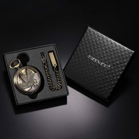 Dope Mechanical Eagle Skeleton Dial Bronze Pocket Watch With Arabic Numerals Gift Box And Chain For Men And Women Vintage Style Elegant Golden Movement Timepiece For Everyday Wear