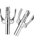 Two chrome grease gun couplers with lock-on levers, quick-connect, 1/8 inch NPT, front and side views
