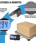 Beefy 660 Pound Postal Shipping Scale With 14 By 12 Inch Stainless Platform LCD Backlit Display with cardboard box on scale