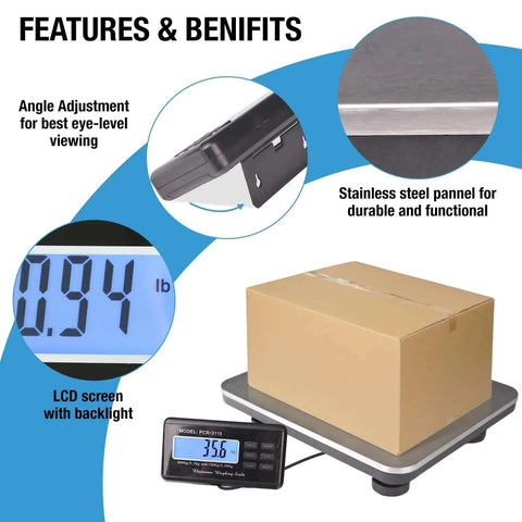 Beefy 660 Pound Postal Shipping Scale With 14 By 12 Inch Stainless Platform LCD Backlit Display with cardboard box on scale