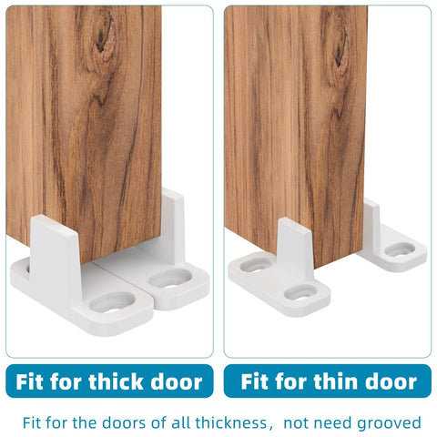 Eight Piece Barn Door Floor Guide Set For Sliding Doors Bottom Track Floor Mount Hardware Durable Plastic Pocket Door Guides For Bypass And Pocket Doors White Wall Mounted Includes Screws Easy Install For Grooved Or Non Grooved Doors, showing guides fitting thick and thin doors.
