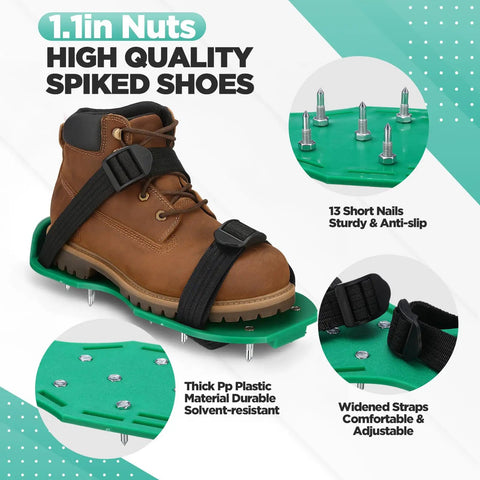 9 Inch Spiked Roller Kit For Self Leveling Concrete And Epoxy Floors Includes 3 Spiked Rollers Roller Stand And Shoes Pro Grade Cement Floor Leveling Tool For Smooth Epoxy And Concrete Finish Yellow showing spiked shoes with adjustable straps.