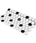 Glossy White 1-Inch Hex Porcelain Mosaic Tile With Black Dot For Floor And Wall Use Slick Mesh Mounted, stacked angle view