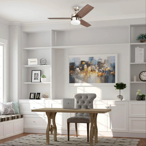 Dope 42 Inch Modern Farmhouse LED Ceiling Fan With Light Pull Chain Dual Mounting Options Dual Finish Blades Quiet Reversible Motor Brushed Nickel Ideal For Kitchen Bedroom Living Room in a stylish office.