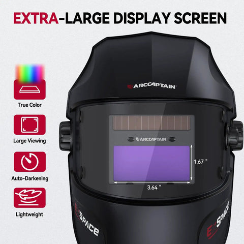 True Color Pro Grade Auto Darkening Welding Helmet With Upgraded Arc Sensor for Crisp Vision, large display screen.