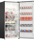 Open 21.2 Cu Ft Convertible Upright Freezer Frost Free Space Saver with meats, seafood, and desserts ready for storage.