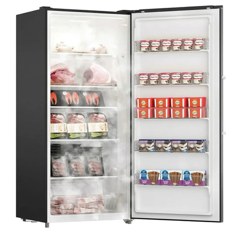 Open 21.2 Cu Ft Convertible Upright Freezer Frost Free Space Saver with meats, seafood, and desserts ready for storage.