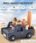 Wooden Dollhouse Garage Set With Workbench, Lawn Mower And SUV Car, realistic toy SUV with dolls and surfboard on beach scene