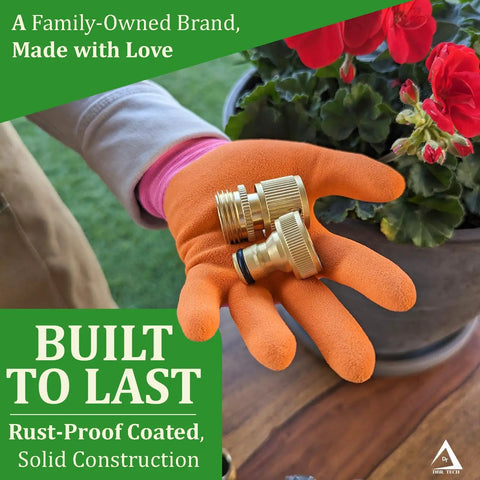 Heavy Duty Brass Hose Quick Connect Fittings 3/4-Inch Garden Hose Quick Disconnect Set 4 Pack held in a gloved hand