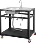 35-Inch Outdoor Grill Cart With Stainless Steel Sink, Rolling BBQ Prep Table With Faucet, Ample Prep Space, Storage Shelves And Lockable Wheels For Patio, Backyard And Outdoor Cooking, Silver And Black.