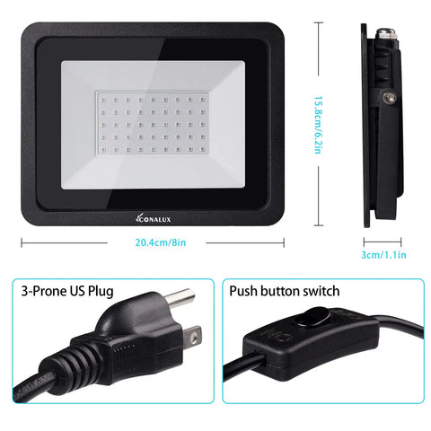365Nm 50W LED Black Light With US Plug And Switch 4.9 Ft Cord IP66 Waterproof Indoor Outdoor Stage Lighting dimensions and plug