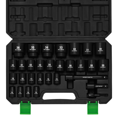 30-Piece Half Inch Drive Shallow Metric Impact Socket Set With Chrome Moly Steel, 10mm To 36mm, 6 Point in case