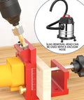 Pocket Hole Jig Adjustable Aluminum Alloy Pocket Drill Hole System for Metalworking Deck Cabinet Desk Masonry Carpentry shown with vacuum attachment use.