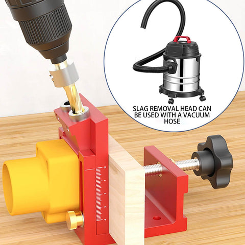 Pocket Hole Jig Adjustable Aluminum Alloy Pocket Drill Hole System for Metalworking Deck Cabinet Desk Masonry Carpentry shown with vacuum attachment use.