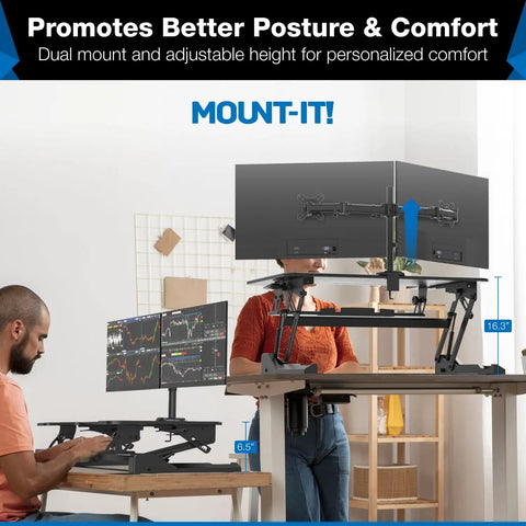 Dual Monitor Standing Desk Converter With 36 Inch Wide Surface Height Adjustable Riser Manual Lift Gas Spring Built In Two Monitor Mounts Sit Stand Desk Converter For Two Screens Up To 32 Inches Black in office setting