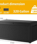 Monster Size Outdoor Storage Box 320 Gallon Lockable Resin Deck Box Weatherproof Patio Storage Bin dimensions showing 67.7 inches width.