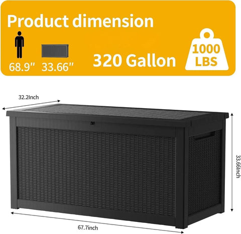 Monster Size Outdoor Storage Box 320 Gallon Lockable Resin Deck Box Weatherproof Patio Storage Bin dimensions showing 67.7 inches width.