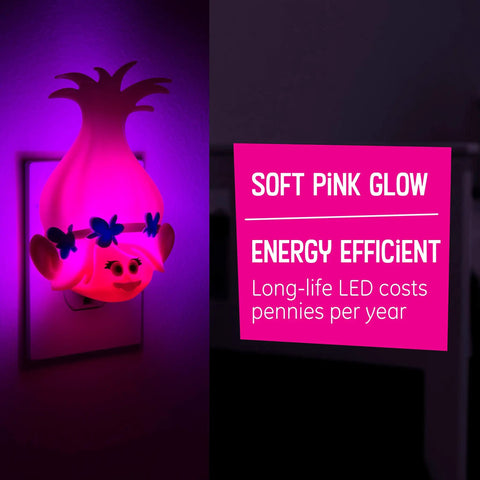 Licensed Trolls World Tour Poppy LED Night Light Plug In Dusk To Dawn With Pink Glow UL Listed Automatic Light Sensor