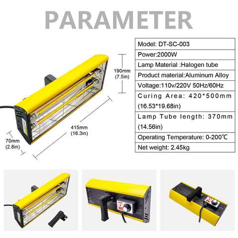 Pro Grade Infrared Paint Curing Lamp 2000W Shortwave Heat Lamp dimensions and specifications display.