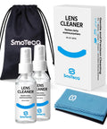 Alcohol Free Glasses Cleaner Kit With Plant Based Microfiber Cloths And Pouch, showing two bottles, cloth, and black pouch