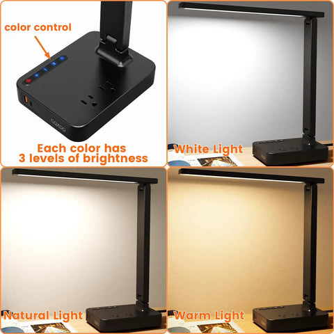 Modern LED Desk Lamp With USB Ports And Type C, Two AC Outlets, 3 Lighting Modes, touch control and brightness levels shown