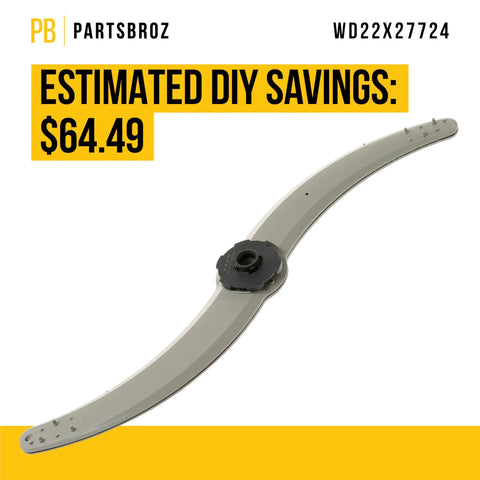 Lower Dishwasher Spray Arm Replacement For GE Hotpoint Haier Models, silver color, WD22X27724, saving costs detail displayed.