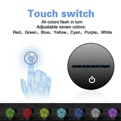 3D Soccer Night Light With Touch Control showing LED color options and on/off button interaction