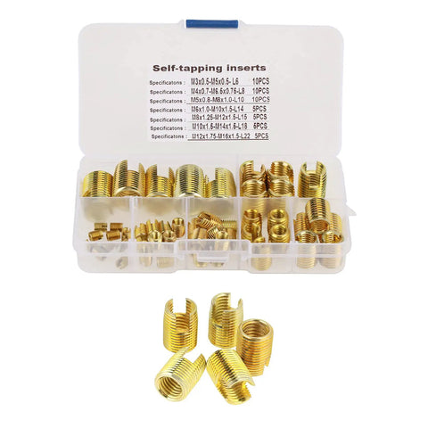 Self Tapping Threaded Inserts Kit With Brass Slotted Inserts 50 Pieces Easy Press In Installation For Quick Durable Repairs In Wood Metal Aluminum And Plastic Projects, assorted sizes
