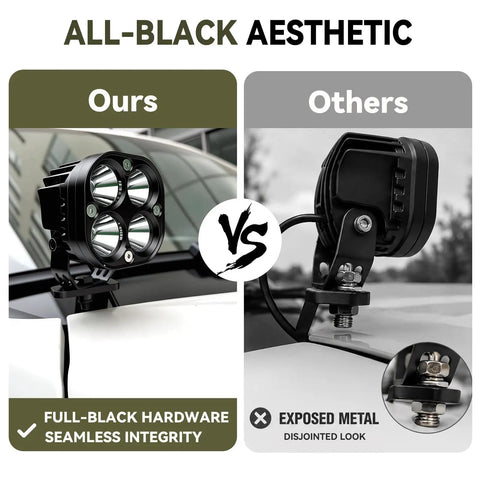 Comparison of Heavy Duty Hole Free Ditch Light Brackets for 2024 2026 Toyota Tacoma and 2022 Plus Tundra showing all-black design.