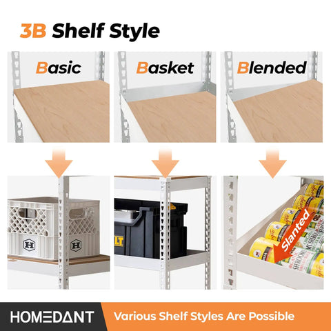 Various shelf styles for 35.9 Inch 5 Tier Heavy Duty Garage Shelving Unit With Adjustable Metal Racks Water Resistant Laminated Shelves