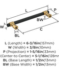 Diagram of Mergence Cabinet Pull in Matte Black Champagne Bronze, Five And One Sixteenth Inch Center To Center, Six And Three Sixteenths Inch Overall Length, showing dimensions