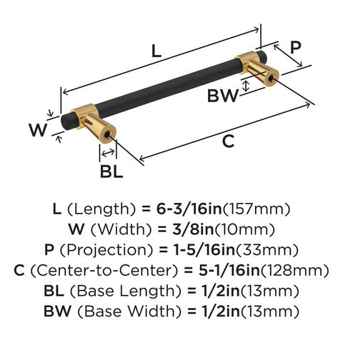 Diagram of Mergence Cabinet Pull in Matte Black Champagne Bronze, Five And One Sixteenth Inch Center To Center, Six And Three Sixteenths Inch Overall Length, showing dimensions