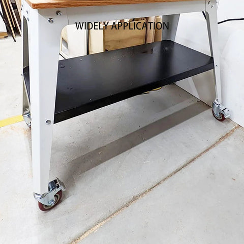 Swivel Stem Casters Heavy Duty Double Locking Castors With Red PU Wheels Quiet No Marking Safe On All Floor Surfaces M10 One Point Five By Twenty Five Millimeters Metric Thread High Load Capacity Pack Of 4 Ideal For Industrial Use In Workshops And installed on a workbench.