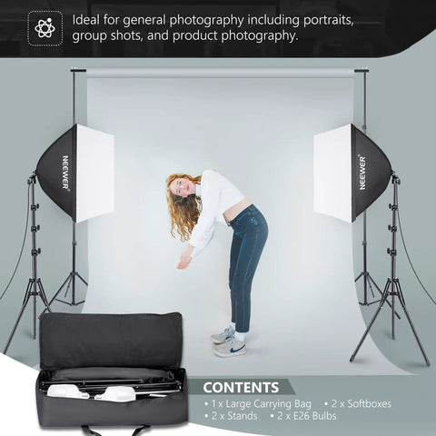 Two Pack Pro Grade 700W Equivalent Continuous Lighting Kit With 5700K LED Bulbs 24x24 Inch Softboxes on E26 Sockets set up for shoot.