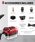 9 accessories included with Heavy Duty Handheld Steam Cleaner Straight Up Game Changer For House And Garage With Six Adjustable Speeds.