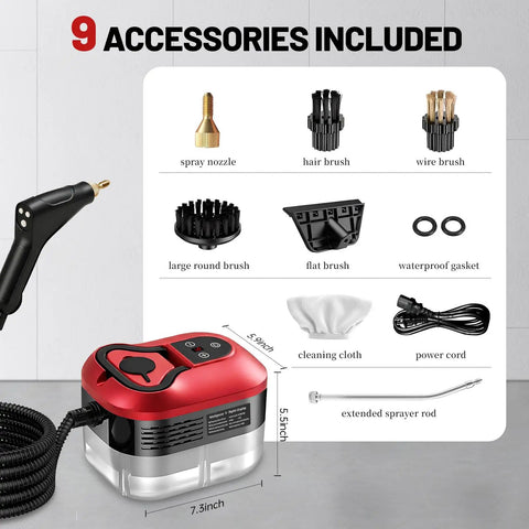 9 accessories included with Heavy Duty Handheld Steam Cleaner Straight Up Game Changer For House And Garage With Six Adjustable Speeds.