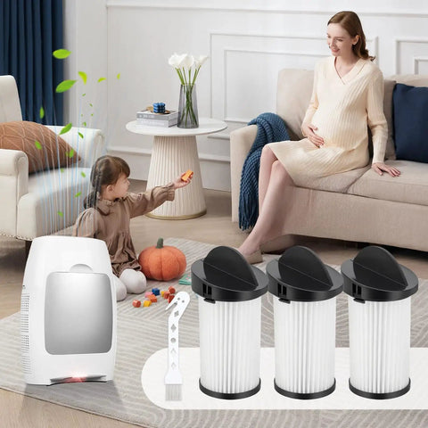 Top Shelf Hepa Pre Motor Filter Replacement For Eyevac And Neovac Elite Touchless Stationary Vacuum Cleaners displayed with toy, plant, and furniture.