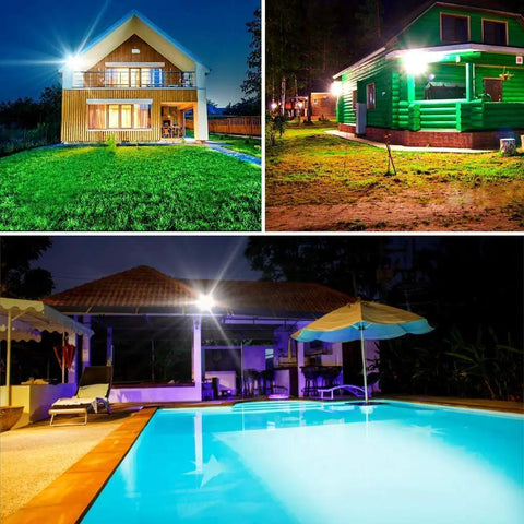 JUDYSSY 30W Led Solar Powered Flood Lights illuminating outdoor areas, pools, and homes at night.