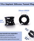 Silicone Ear Gauges 00G Double Flared Plugs Set For Ear Stretching, black and white speckled design, 10mm diameter.