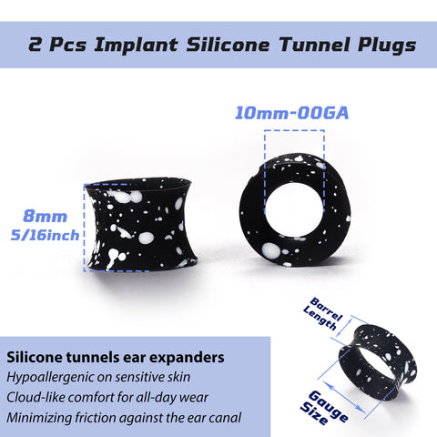 Silicone Ear Gauges 00G Double Flared Plugs Set For Ear Stretching, black and white speckled design, 10mm diameter.