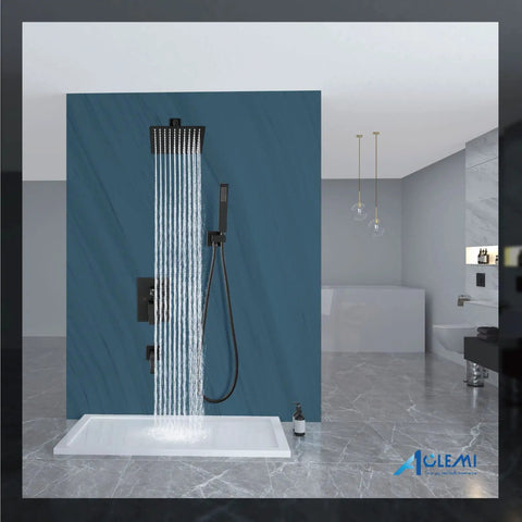 Modern bathroom with Rainfall Shower System With 8 Inch Matte Black Shower Head Tub Filler Handheld Spray Wall Mount Mixer Faucet