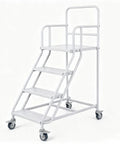 Heavy Duty Four Step Rolling Ladder With Secure Handrails Built Different For Warehouse Spaces Rock Solid Eight Hundred Eighty Pound Capacity Premium Cold Rolled Steel. White metal structure with four steps and caster wheels.